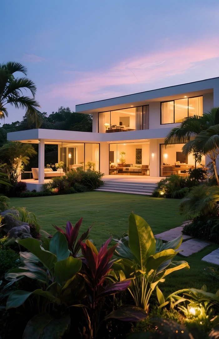 luxury home exterior dusk with illuminated garden