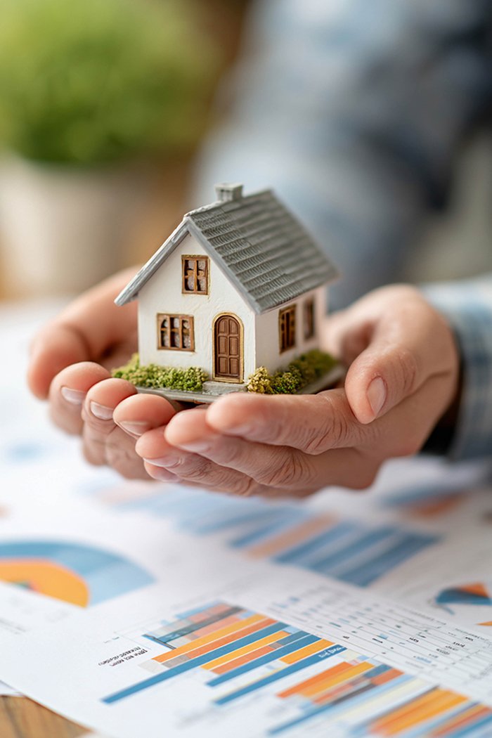 hands holding miniature house model above financial data